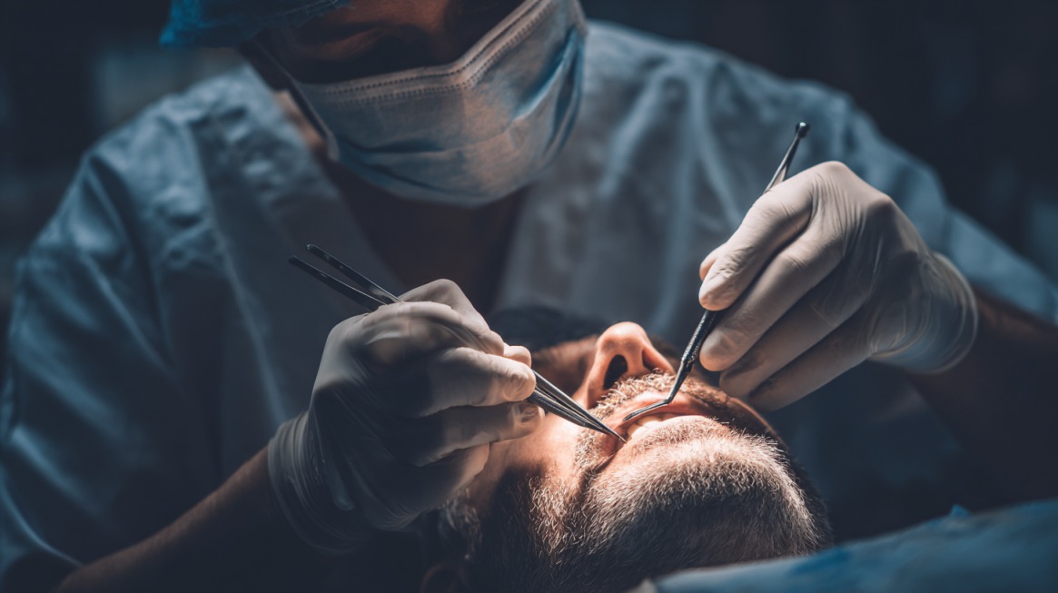 Stomatolog izvodi zahvat u ustima pacijenta pod jakim svetlom