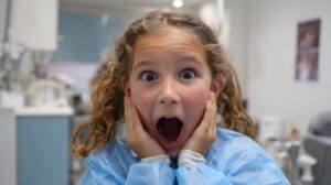 Iznenađeno dete u zubarskoj ordinaciji sa rukama na obrazima