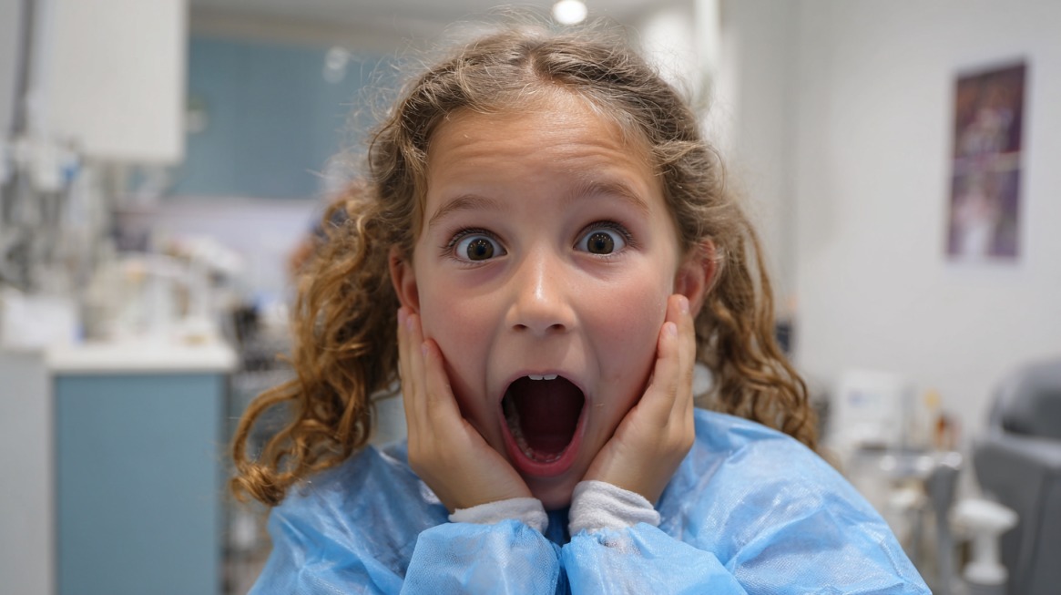 Iznenađeno dete u zubarskoj ordinaciji sa rukama na obrazima