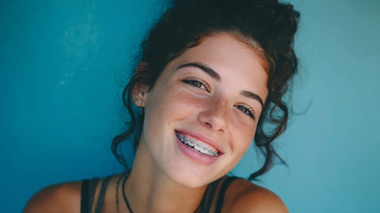 Devojka sa fiksnom protezom koja se smeje ispred plave pozadine