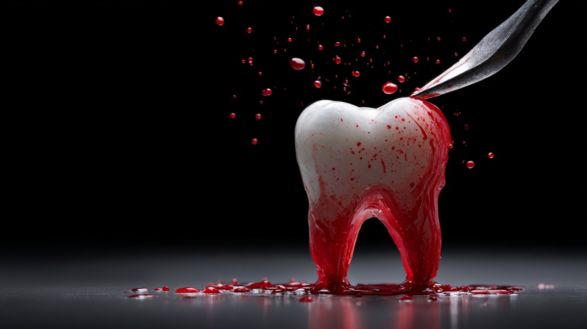 Zub obložen krvlju sa instrumentom koji simulira vađenje zuba