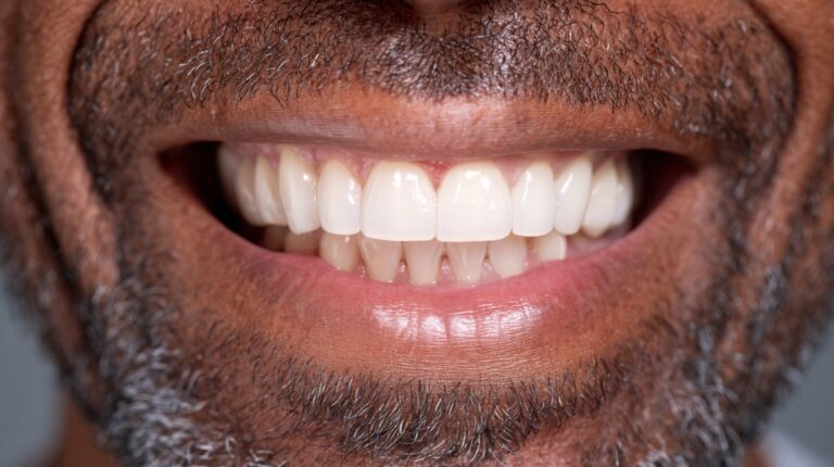 Blizak prikaz osmeha odraslog muškarca sa zdravim zubima i desnima.